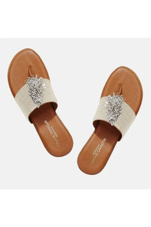 André Assous Novalee Featherweights ™  Pompom Flip Flop Sandals | Beige Linen Elastic