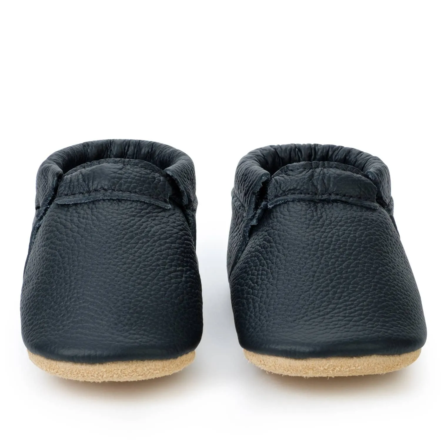 BirdRock Baby - Fringeless Baby Moccasins - Leather Baby Shoes (Black & Tan)