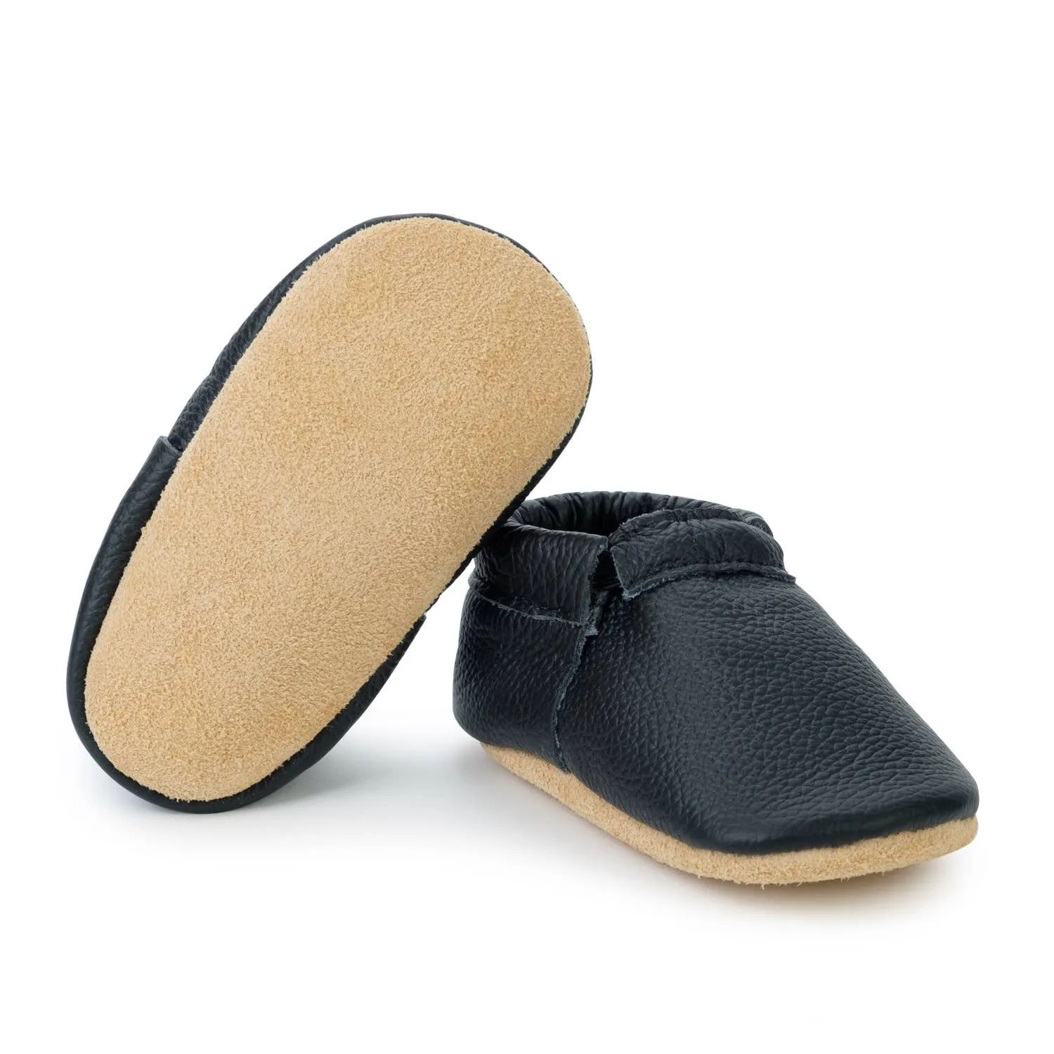 BirdRock Baby - Fringeless Baby Moccasins - Leather Baby Shoes (Black & Tan)
