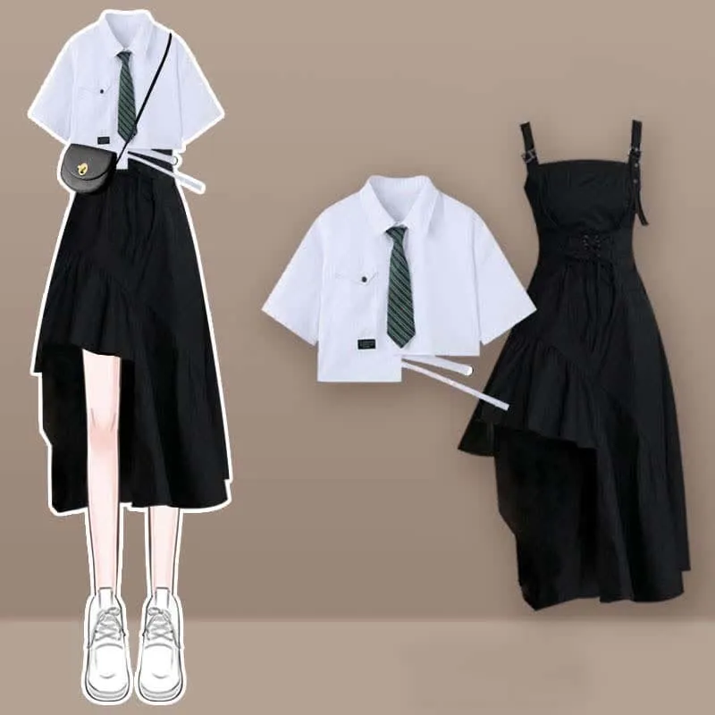 Black Pocket Lapel Tie T-Shirt Irregular Slip Dress Set