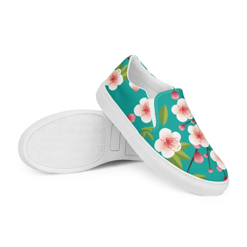 Blue Flowers on Womens Slip on Canvas Shoes