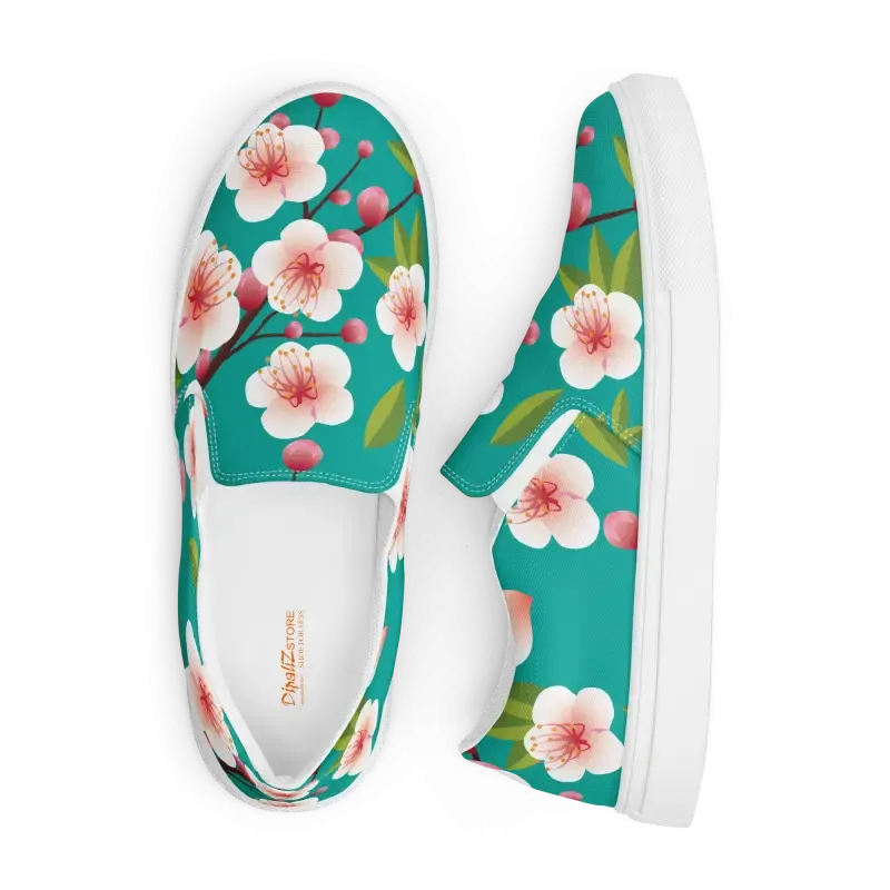 Blue Flowers on Womens Slip on Canvas Shoes