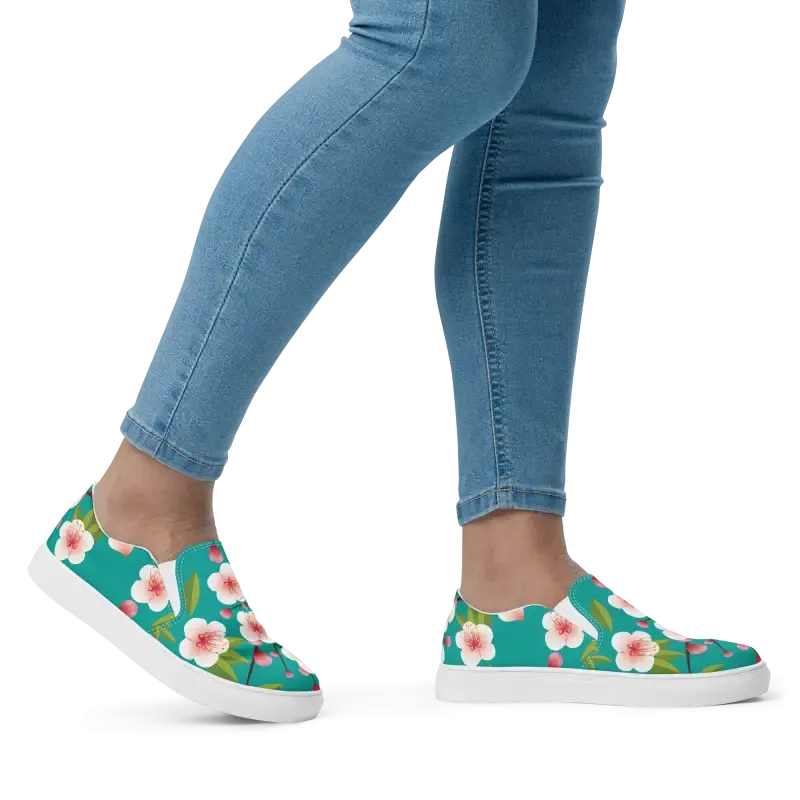 Blue Flowers on Womens Slip on Canvas Shoes