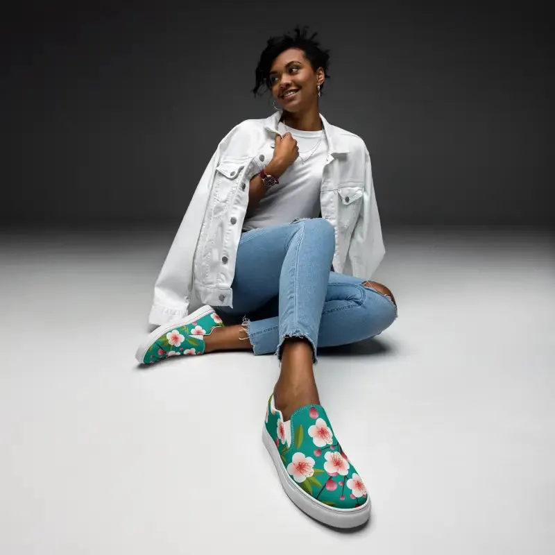 Blue Flowers on Womens Slip on Canvas Shoes