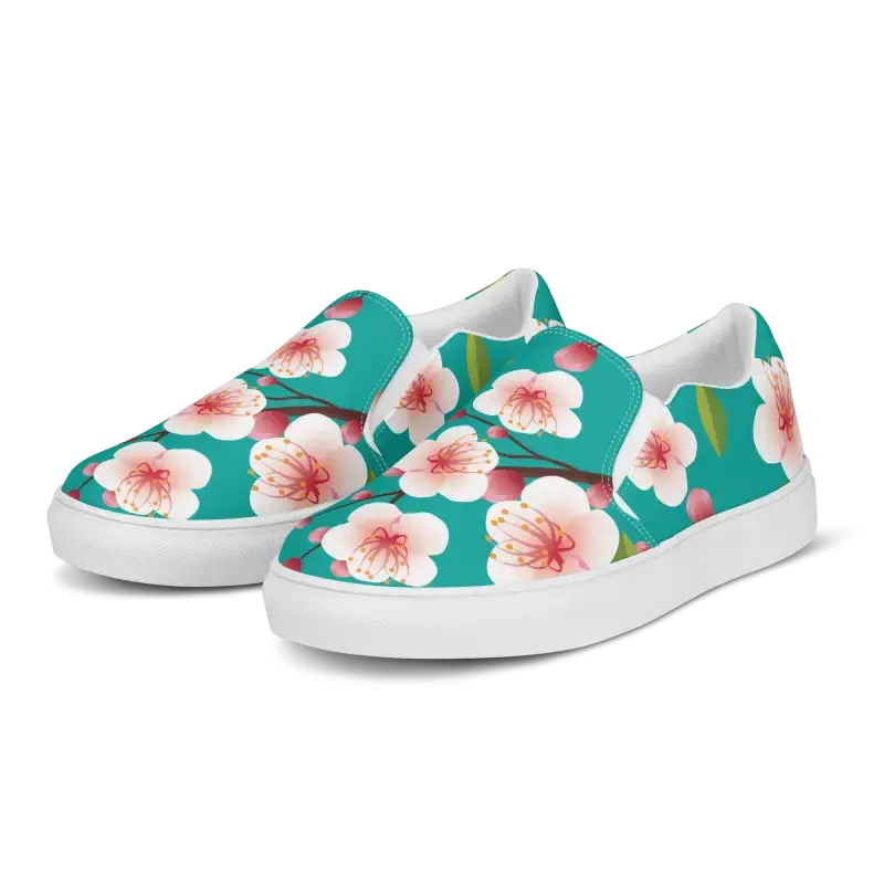 Blue Flowers on Womens Slip on Canvas Shoes