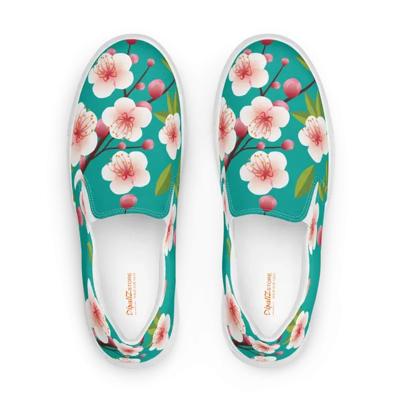 Blue Flowers on Womens Slip on Canvas Shoes