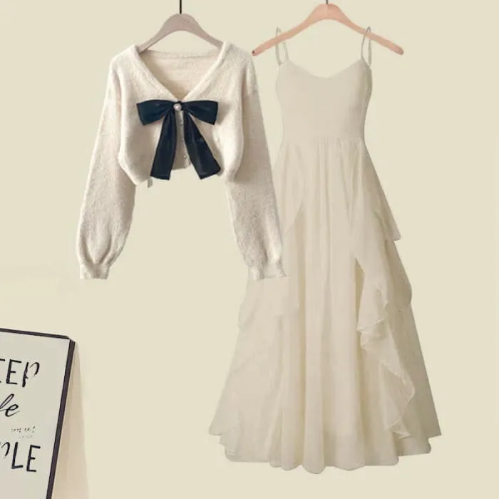 Bow Knot Cardigan Sweater Flouncing Slip Dress