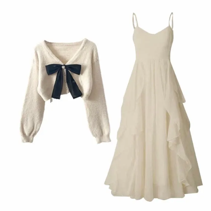 Bow Knot Cardigan Sweater Flouncing Slip Dress