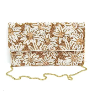 Clutch White Flowers Bronze Beaded