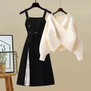Cross Knit Sweater Belted Lace Slip Dress Set