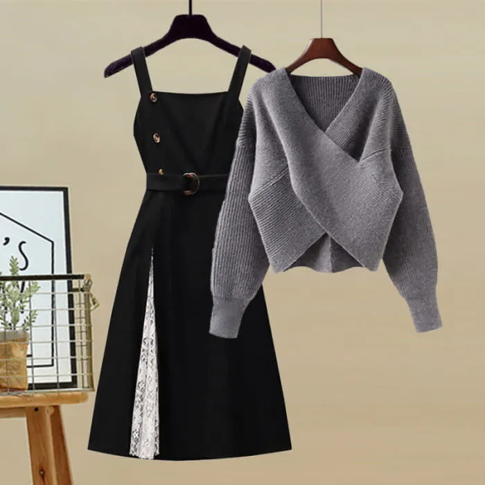 Cross Knit Sweater Belted Lace Slip Dress Set