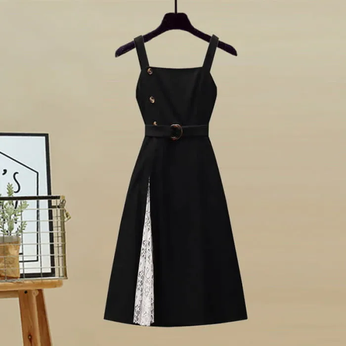 Cross Knit Sweater Belted Lace Slip Dress Set