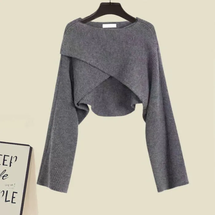 Elegant Cross Knit Sweater Lace Up Irregular Ruffled Slip Dress Set