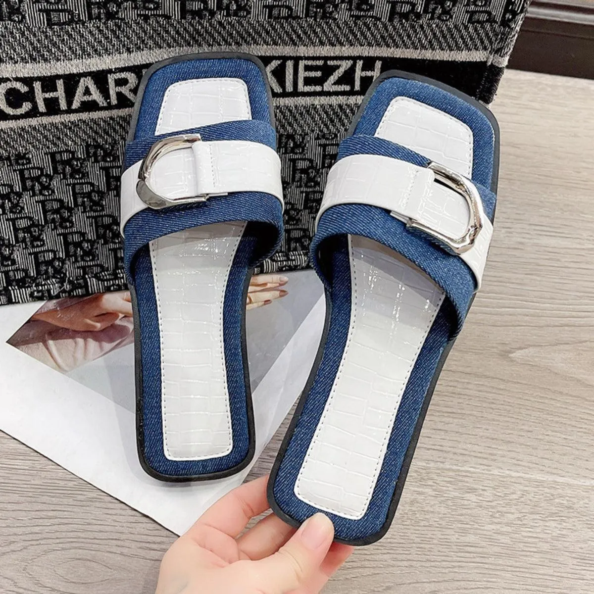 Faux Crocs Skin Buckle Detail Open Toe Flat Sandals