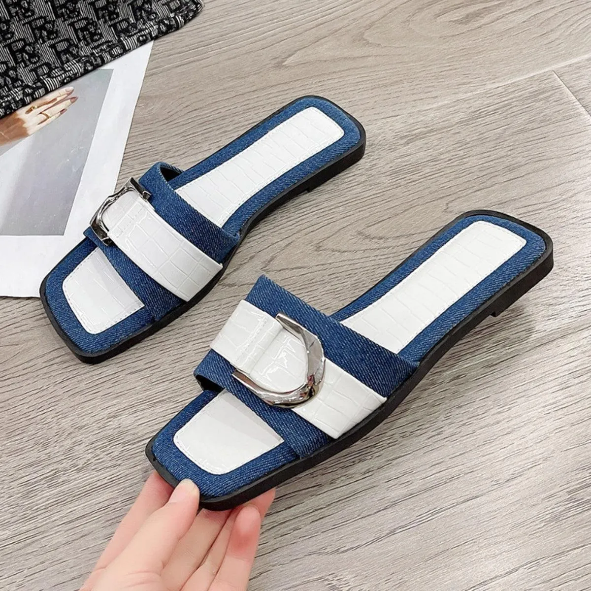 Faux Crocs Skin Buckle Detail Open Toe Flat Sandals