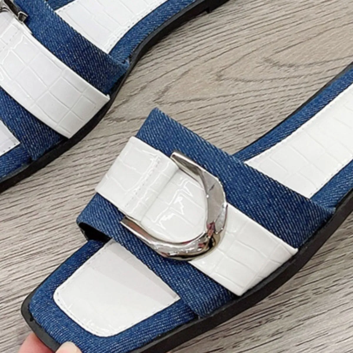 Faux Crocs Skin Buckle Detail Open Toe Flat Sandals