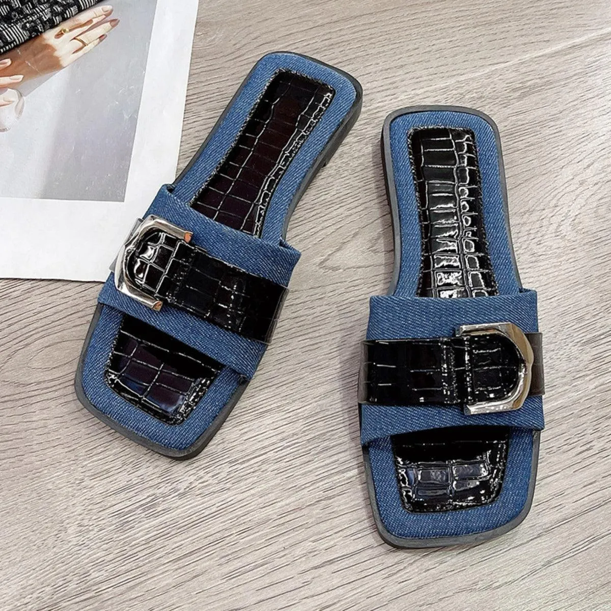 Faux Crocs Skin Buckle Detail Open Toe Flat Sandals