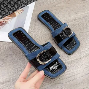 Faux Crocs Skin Buckle Detail Open Toe Flat Sandals