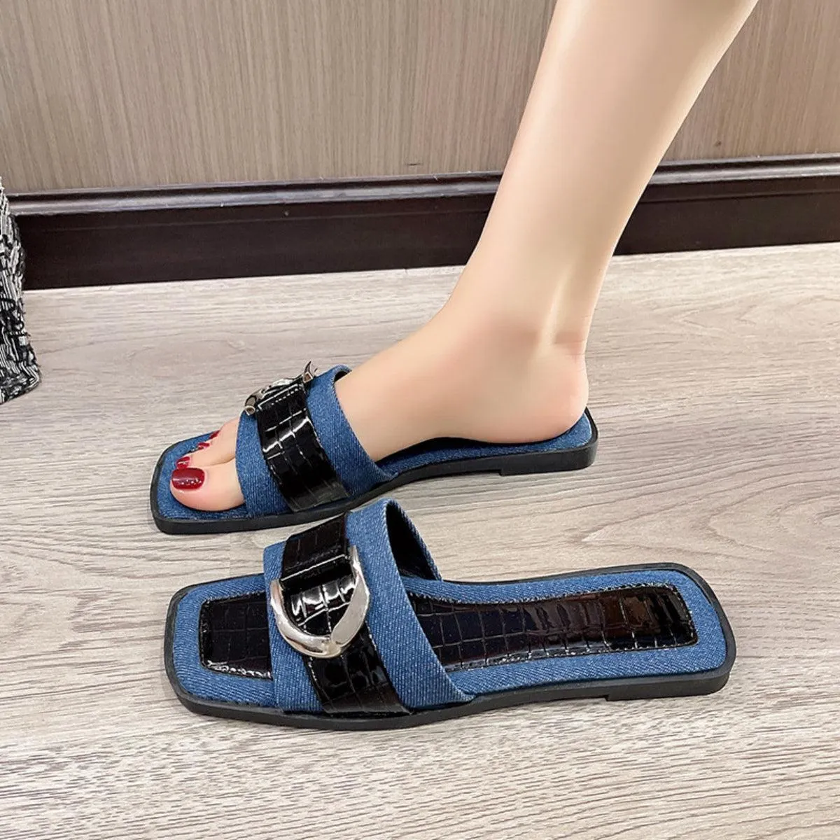 Faux Crocs Skin Buckle Detail Open Toe Flat Sandals