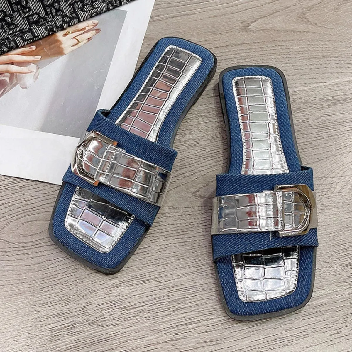 Faux Crocs Skin Buckle Detail Open Toe Flat Sandals