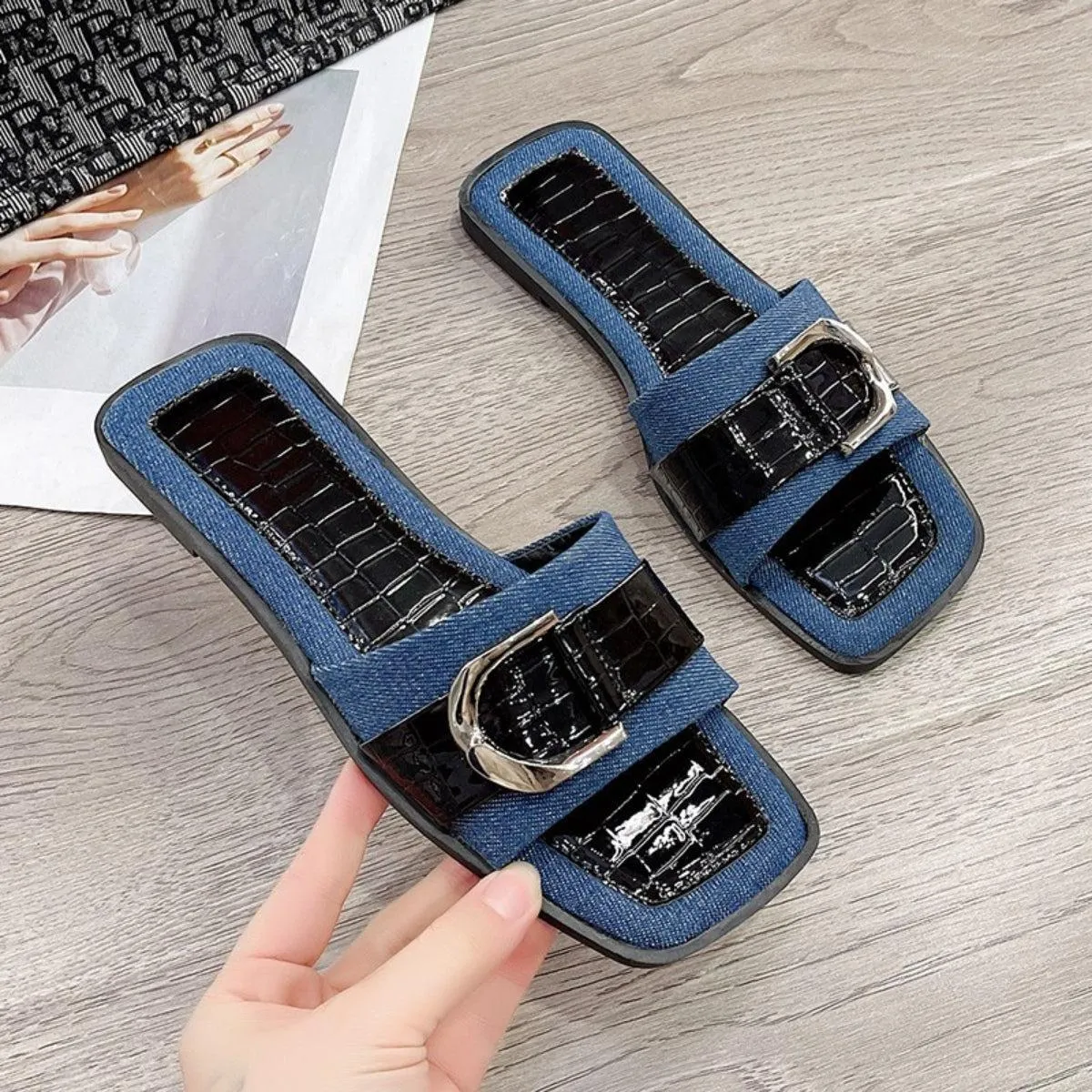 Faux Crocs Skin Buckle Detail Open Toe Flat Sandals