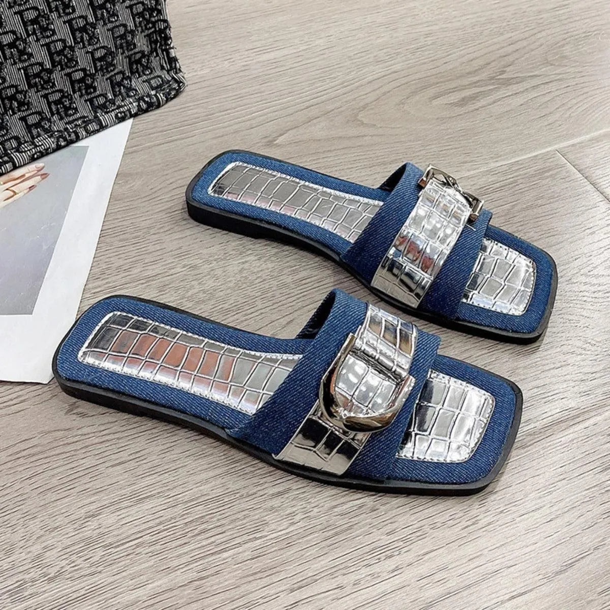 Faux Crocs Skin Buckle Detail Open Toe Flat Sandals