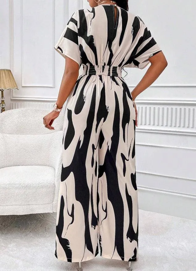 Floral Jumpsuit – Chic V-neck Loose Fit, Comfortable Printed Design