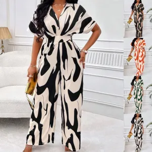 Floral Jumpsuit – Chic V-neck Loose Fit, Comfortable Printed Design