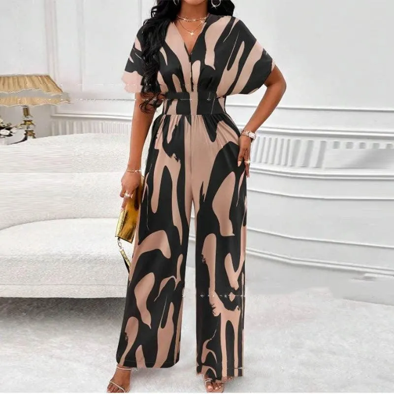 Floral Jumpsuit – Chic V-neck Loose Fit, Comfortable Printed Design