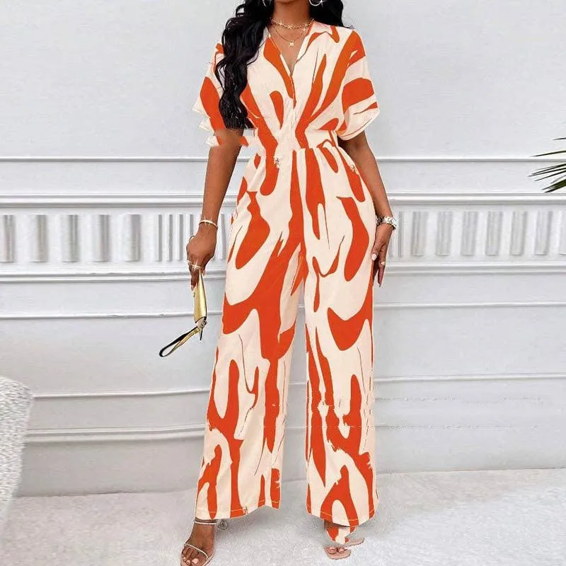 Floral Jumpsuit – Chic V-neck Loose Fit, Comfortable Printed Design