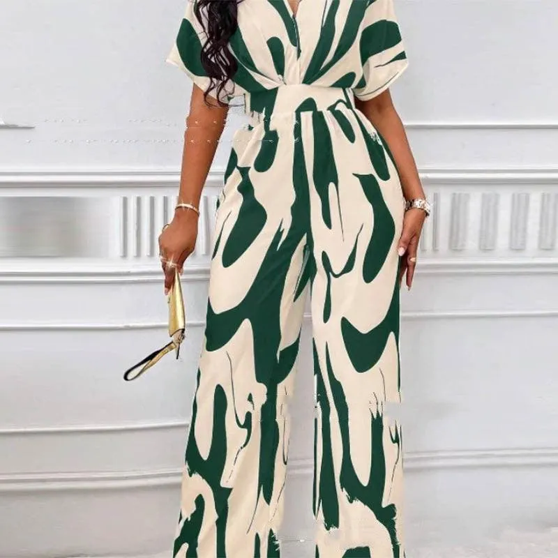 Floral Jumpsuit – Chic V-neck Loose Fit, Comfortable Printed Design