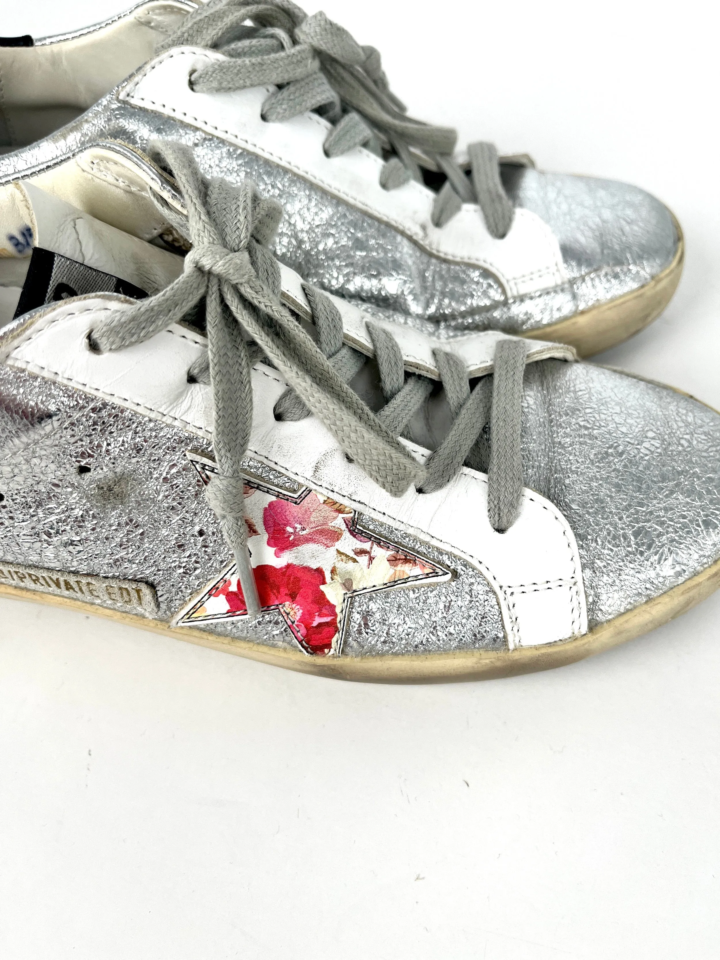 Golden Goose Superstar Silver White Pink Floral Low Top Sneakers 38 8