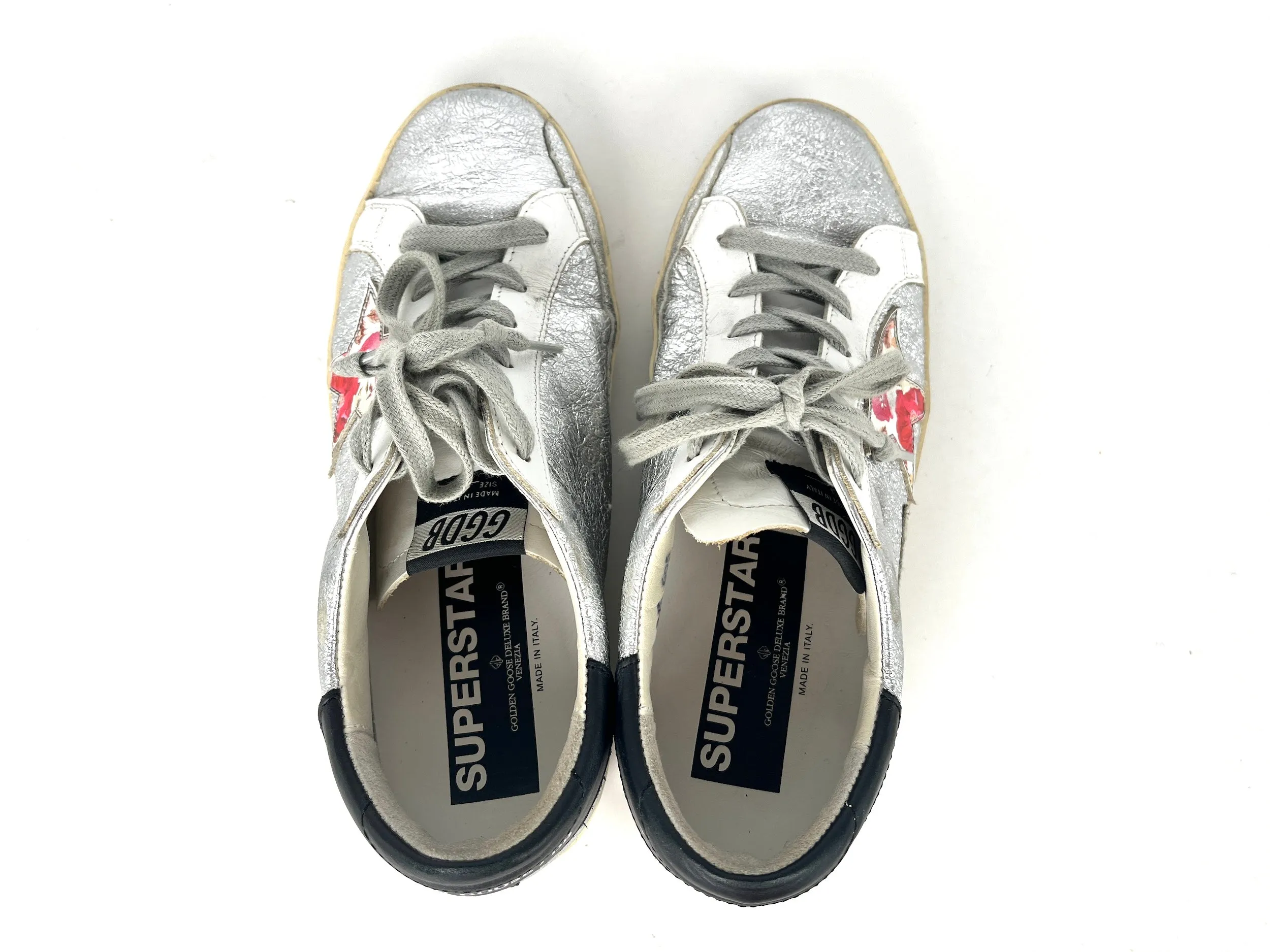 Golden Goose Superstar Silver White Pink Floral Low Top Sneakers 38 8