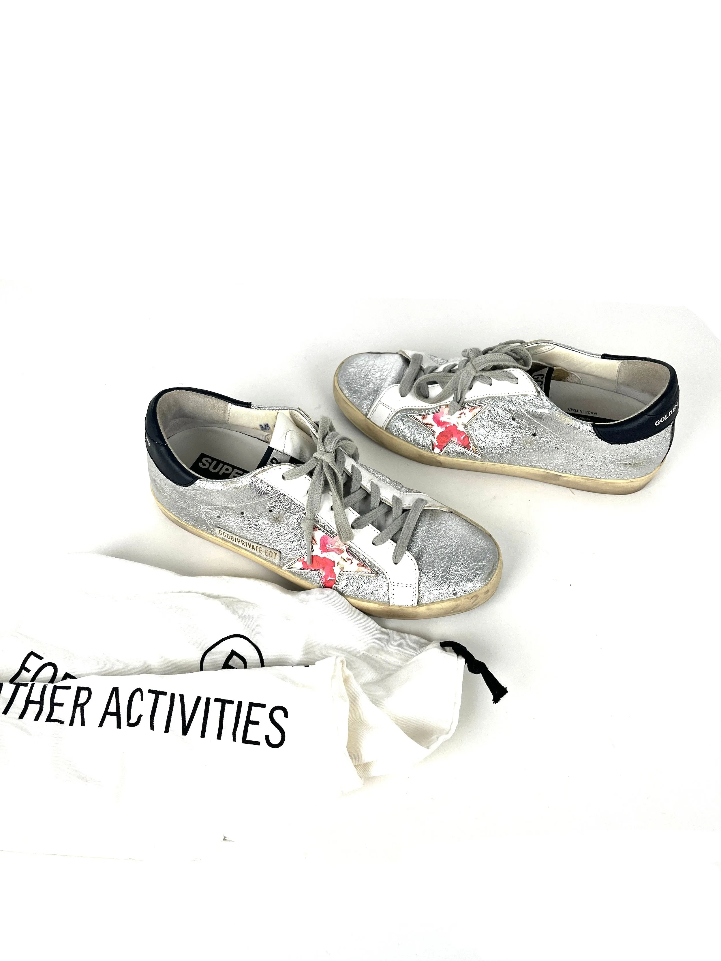 Golden Goose Superstar Silver White Pink Floral Low Top Sneakers 38 8