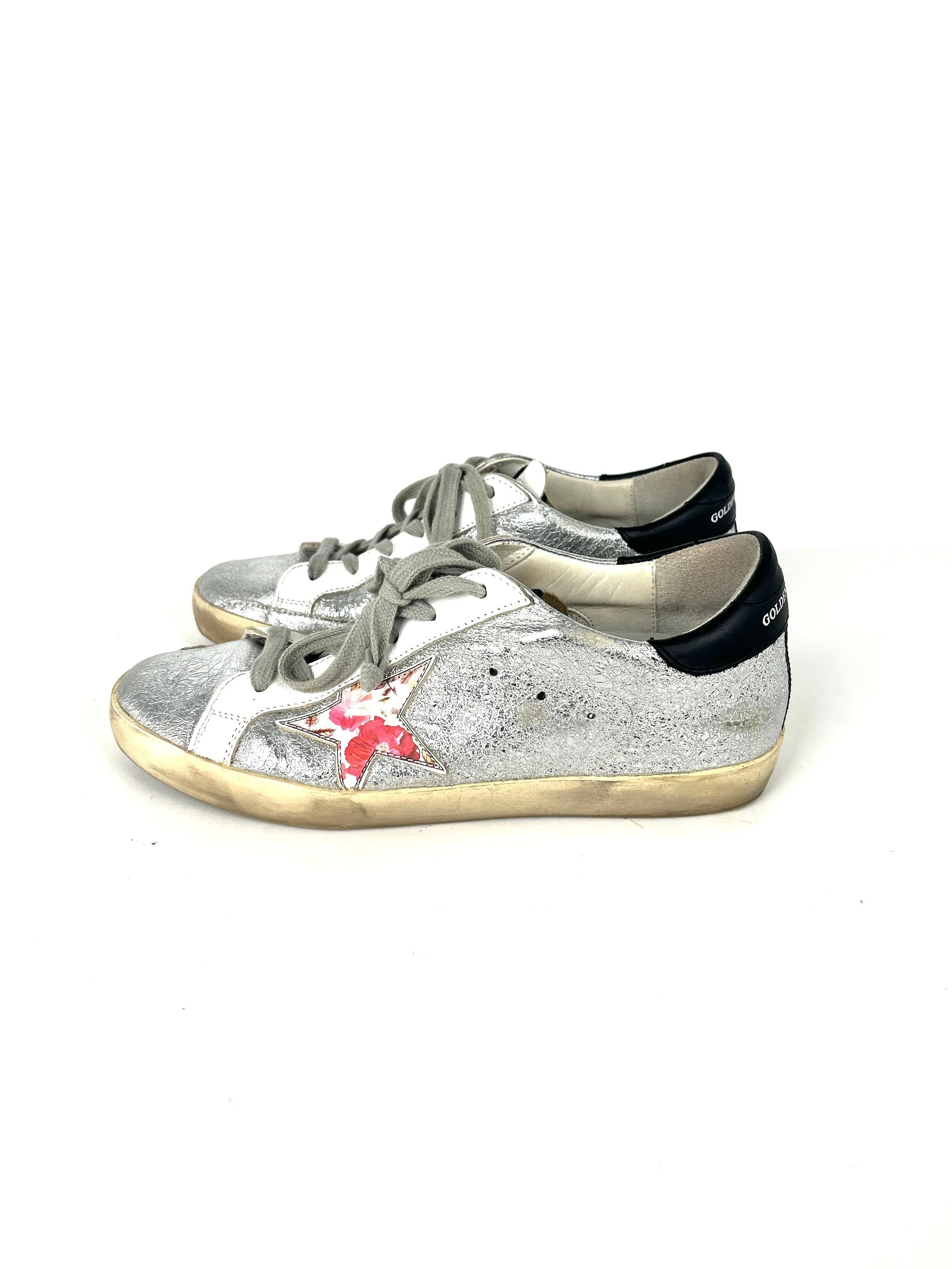 Golden Goose Superstar Silver White Pink Floral Low Top Sneakers 38 8