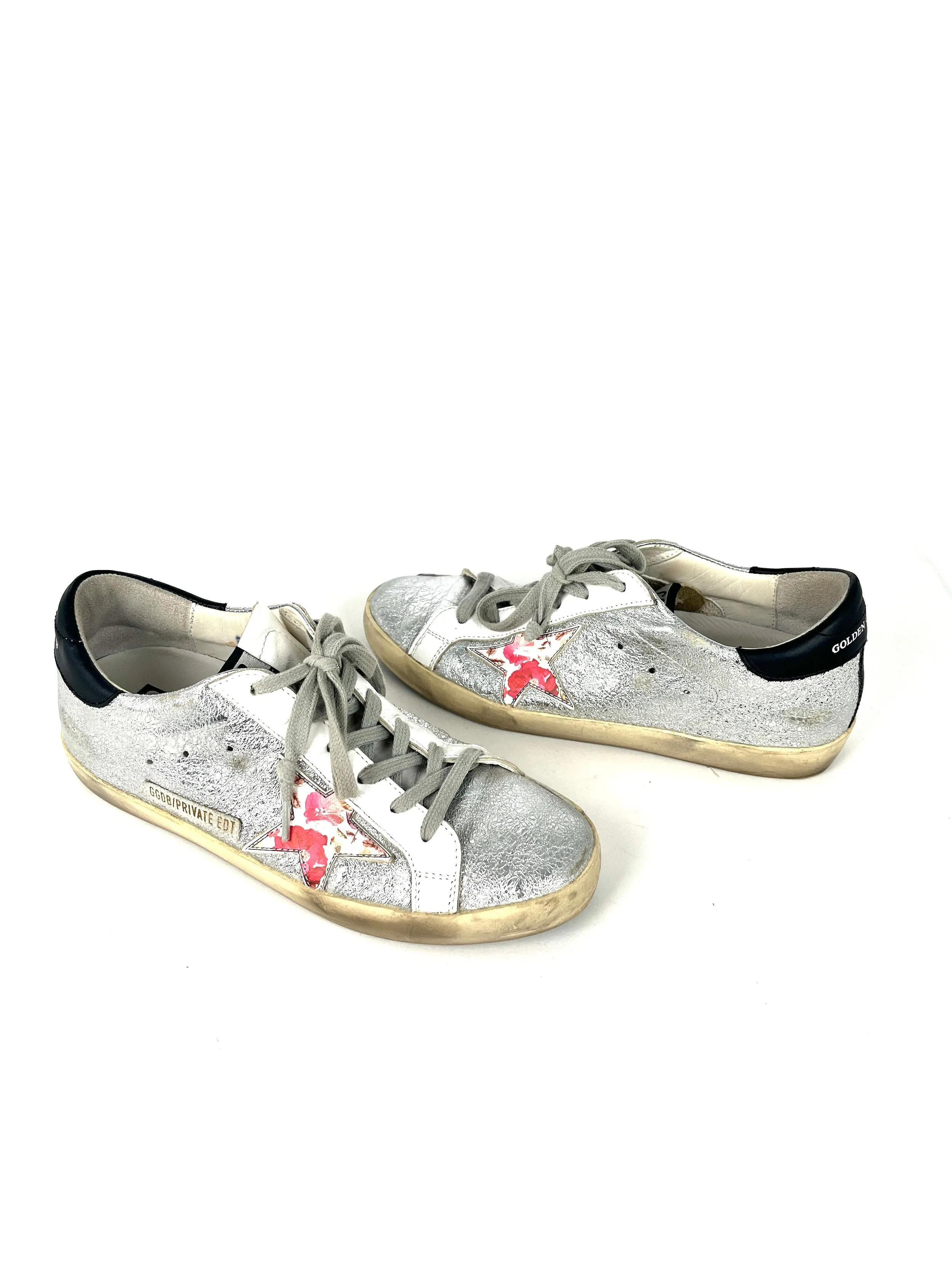 Golden Goose Superstar Silver White Pink Floral Low Top Sneakers 38 8
