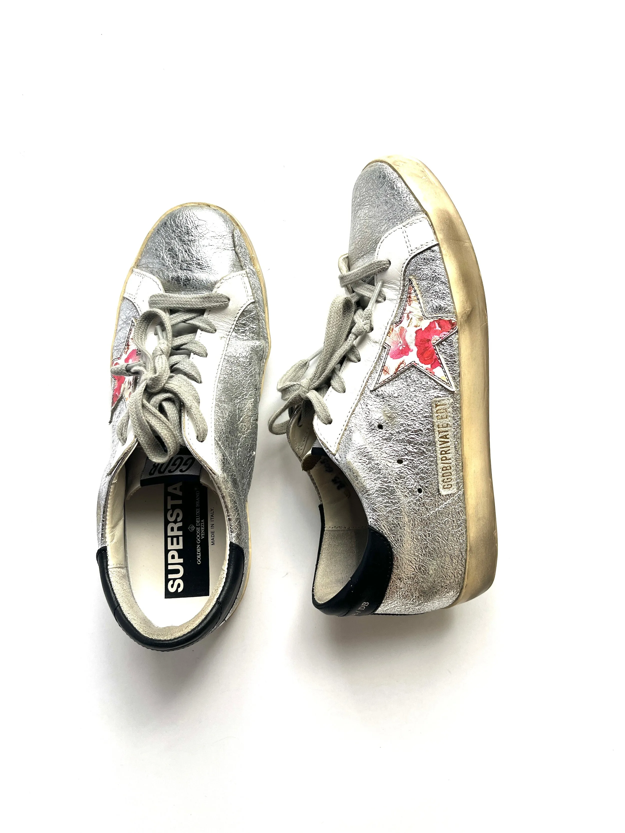 Golden Goose Superstar Silver White Pink Floral Low Top Sneakers 38 8