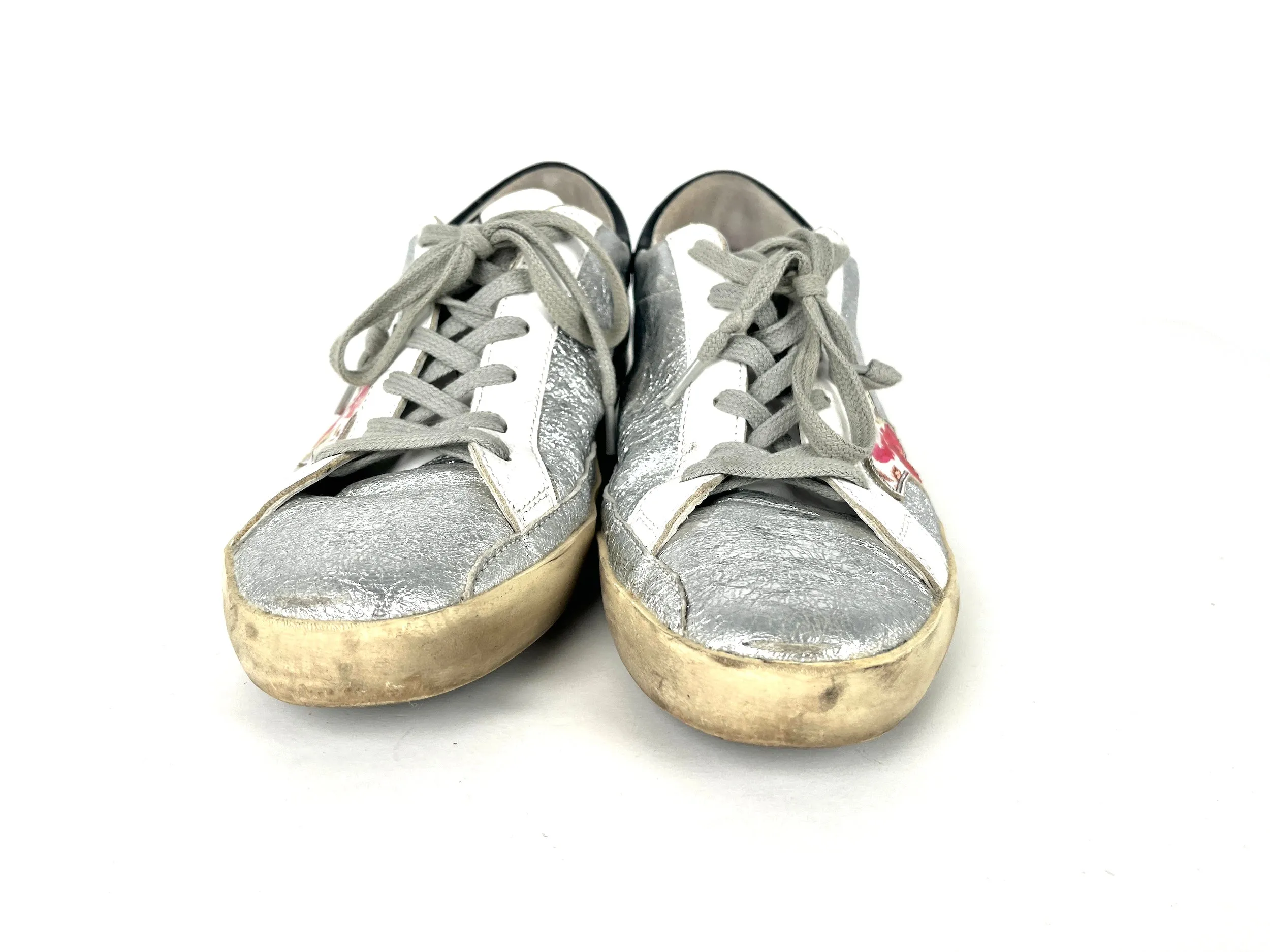 Golden Goose Superstar Silver White Pink Floral Low Top Sneakers 38 8