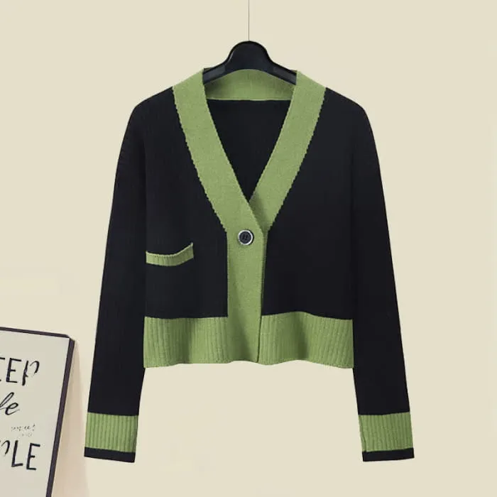Green Crop Cardigan Sweater Drawstring Split Slip Dress