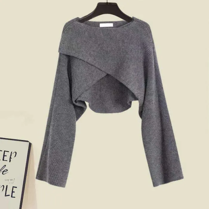 Grey Cross Knit Sweater Ruffled Split Slip Dress