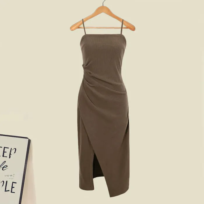Hollow Out Cardigan Ruffled Split Slip Dress Set