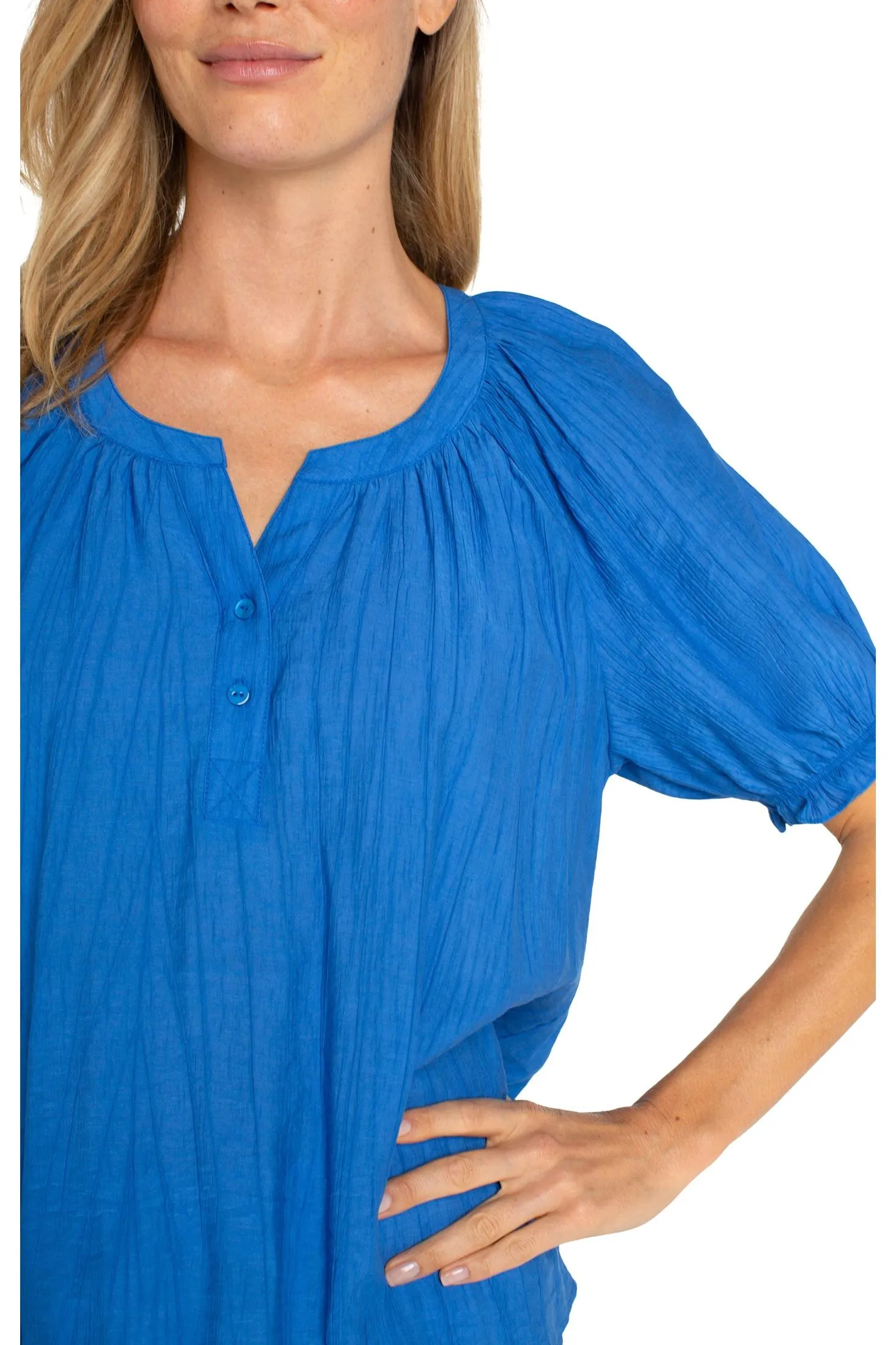 Liverpool Short Sleeve Half Placket Blouse In Cobalt