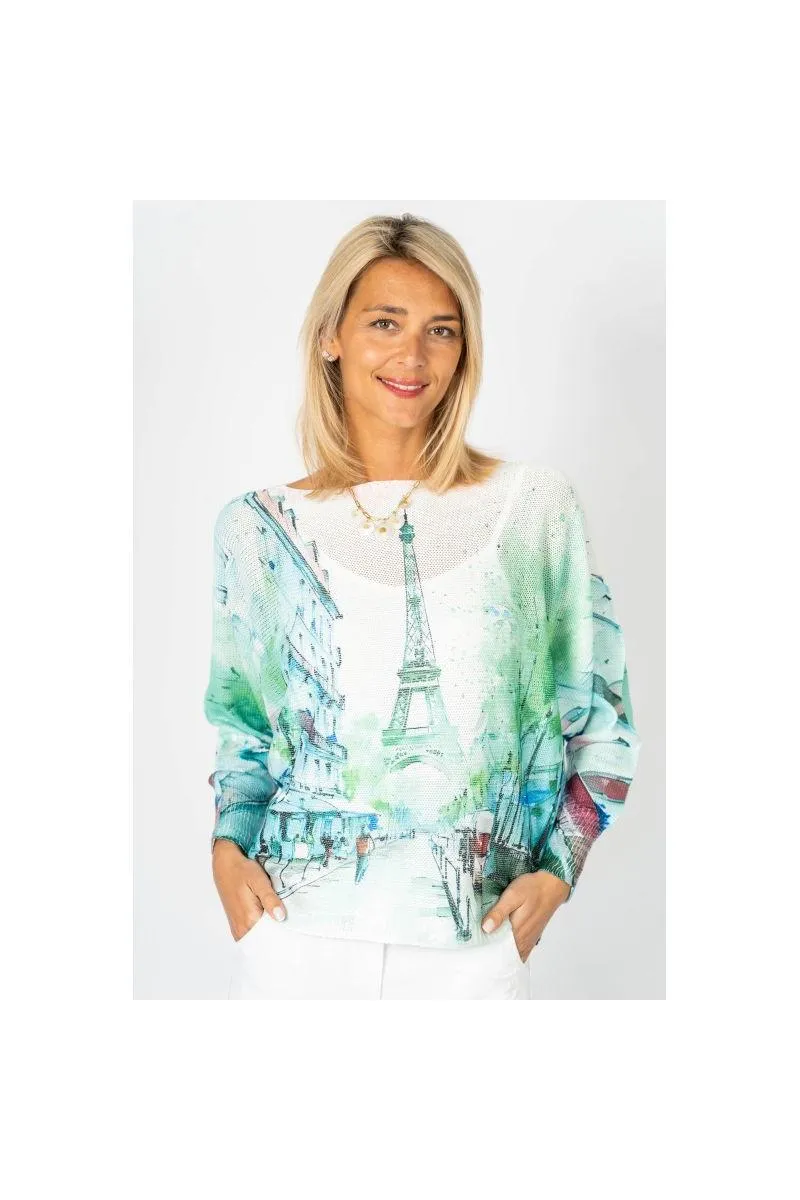 Look Mode Eiffel Tower Paris Scene Batwing Sweater  Aqua & Raspberry