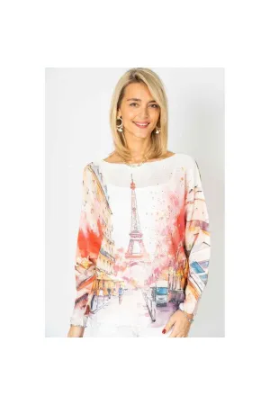 Look Mode Eiffel Tower Paris Scene Batwing Sweater  Aqua & Raspberry