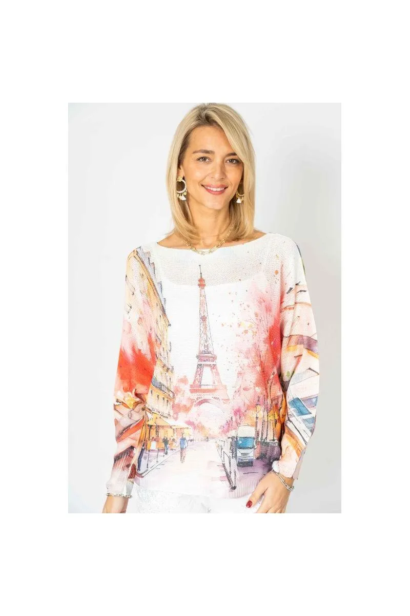 Look Mode Eiffel Tower Paris Scene Batwing Sweater  Aqua & Raspberry
