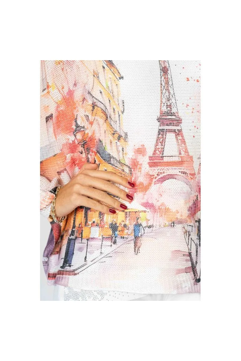 Look Mode Eiffel Tower Paris Scene Batwing Sweater  Aqua & Raspberry