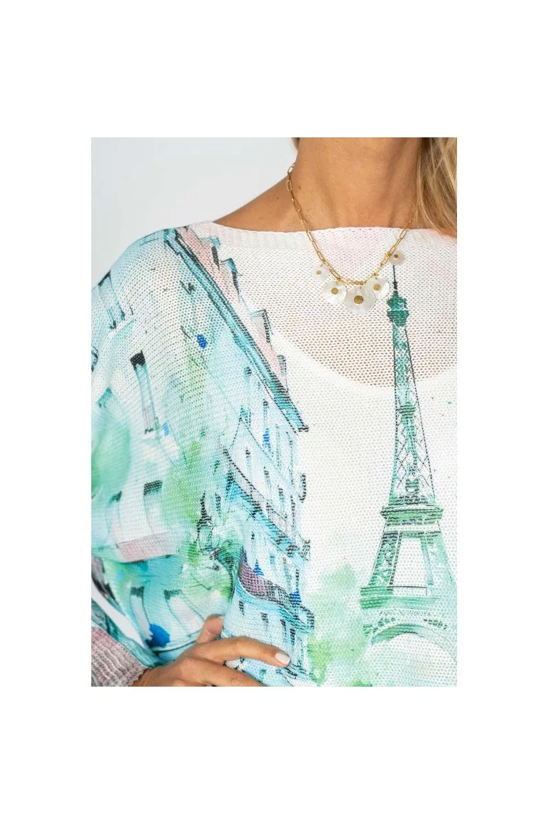 Look Mode Eiffel Tower Paris Scene Batwing Sweater  Aqua & Raspberry