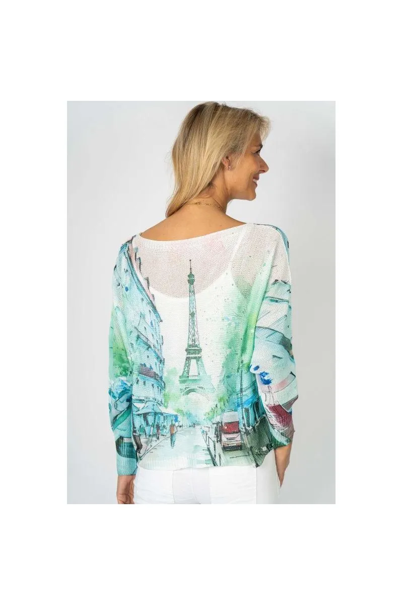 Look Mode Eiffel Tower Paris Scene Batwing Sweater  Aqua & Raspberry