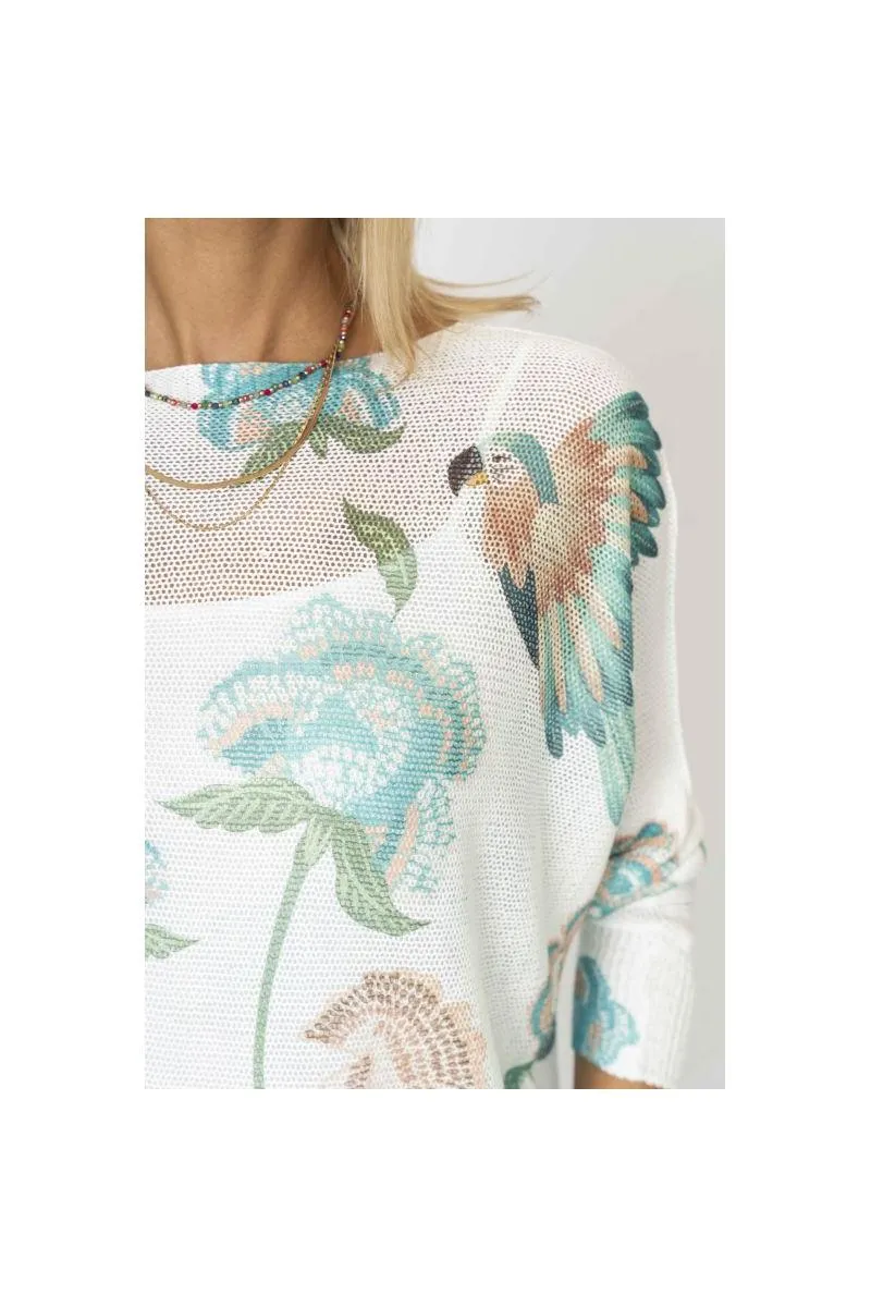  Look Mode Italian Batwing Sweater  Parrot Print in Seafoam