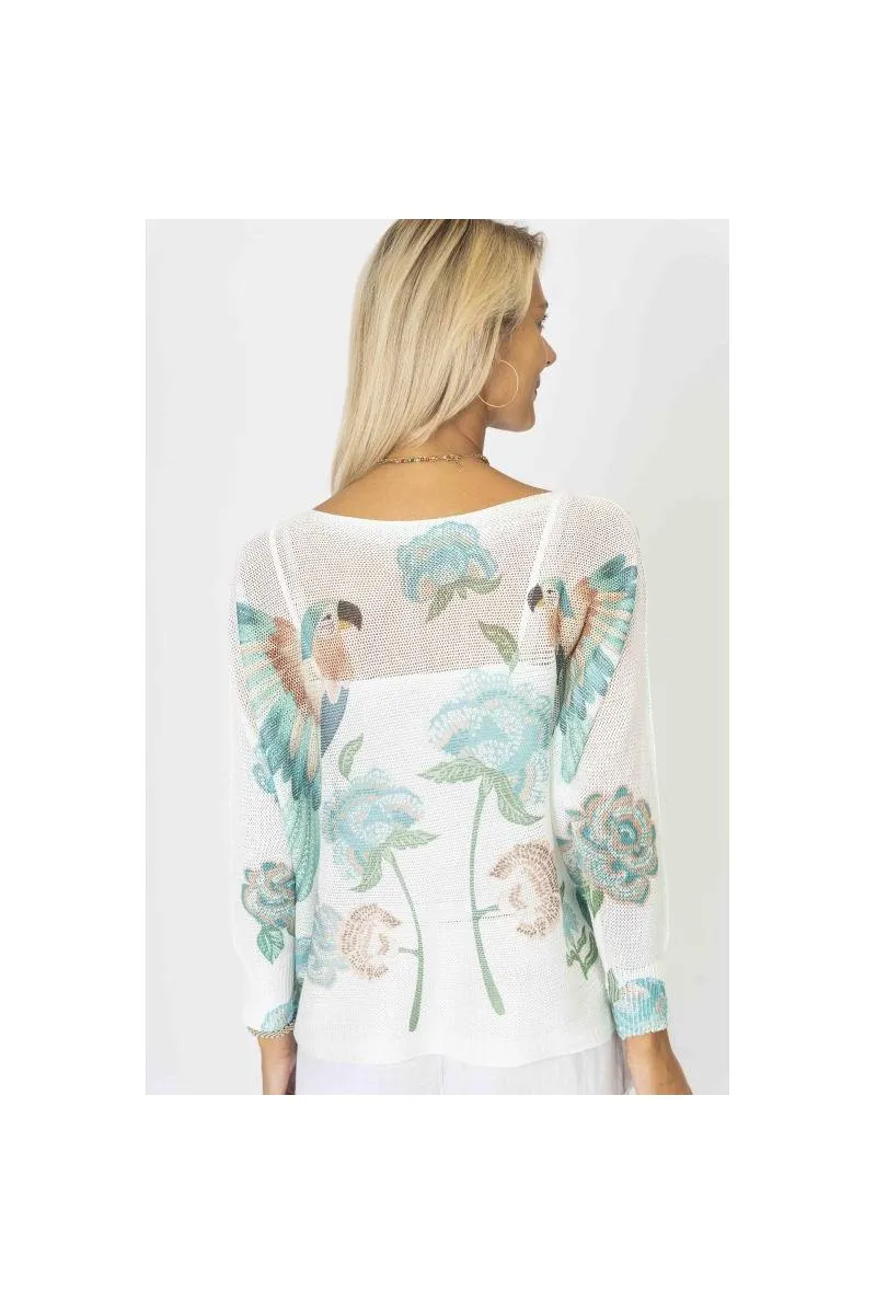  Look Mode Italian Batwing Sweater  Parrot Print in Seafoam